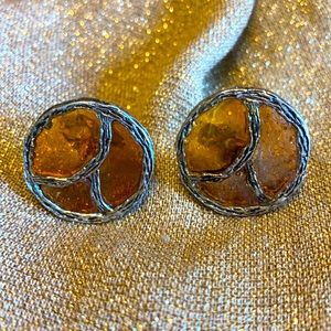 VTG textured metal round amber colored cufflinks